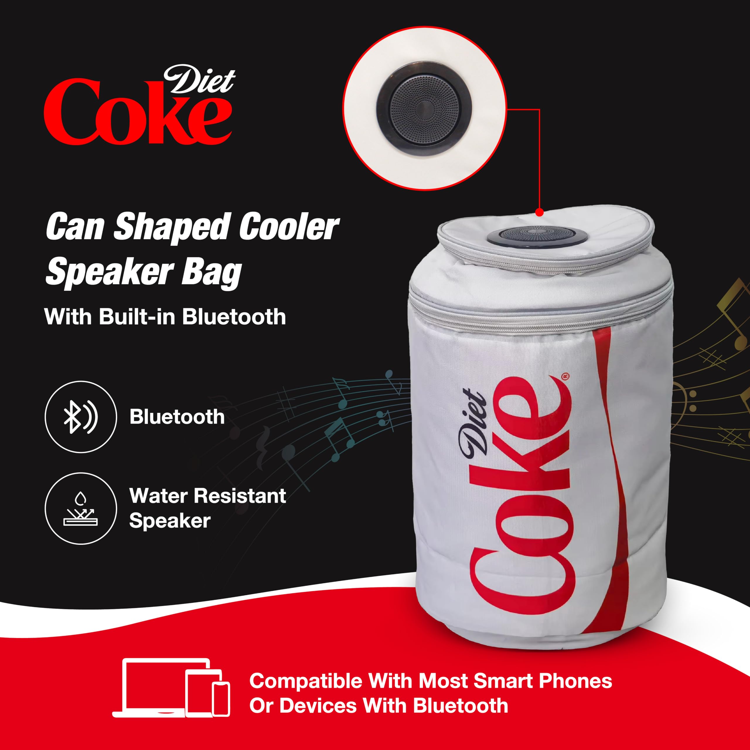 Gabba Goods Diet Coke Cooler Bag open compartment shows speaker pocket for secure music.