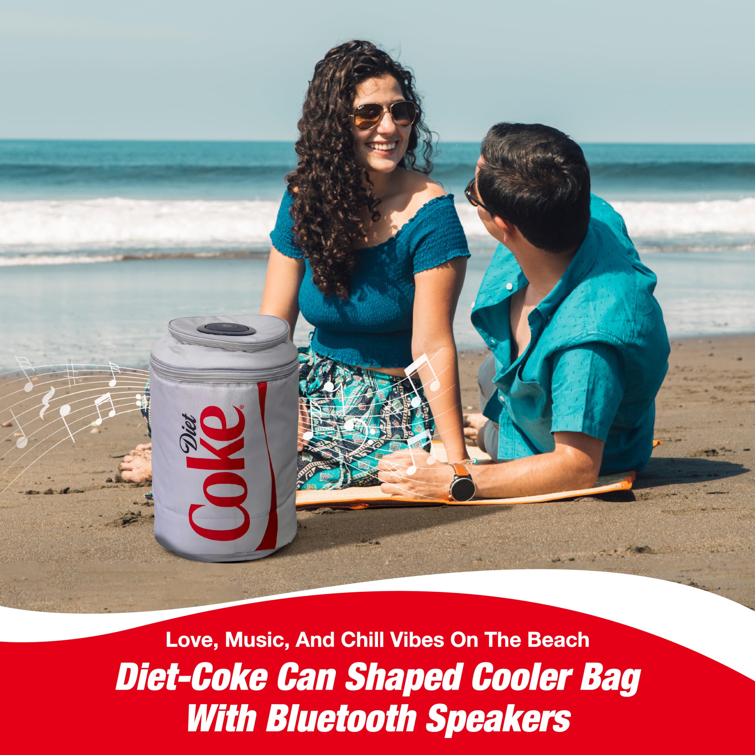 Gabba Goods Diet Coke Cooler Bag with speaker on, playing tunes during outdoor BBQ.