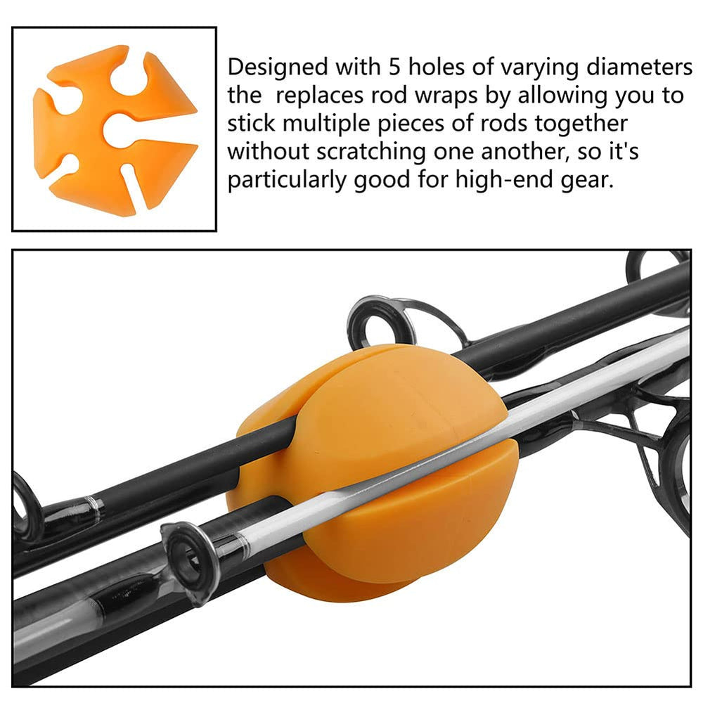 Gaderth egg-shaped rod binder protects rods when placed on the ground.