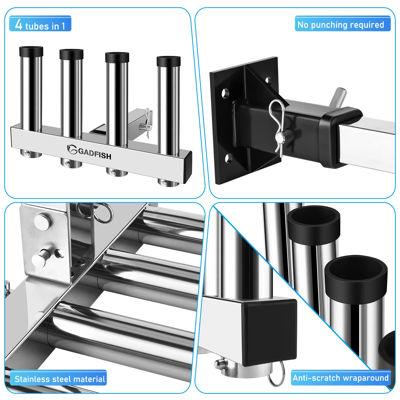 GADFISH dual-adjustment rod holder shows vertical or tilted position.