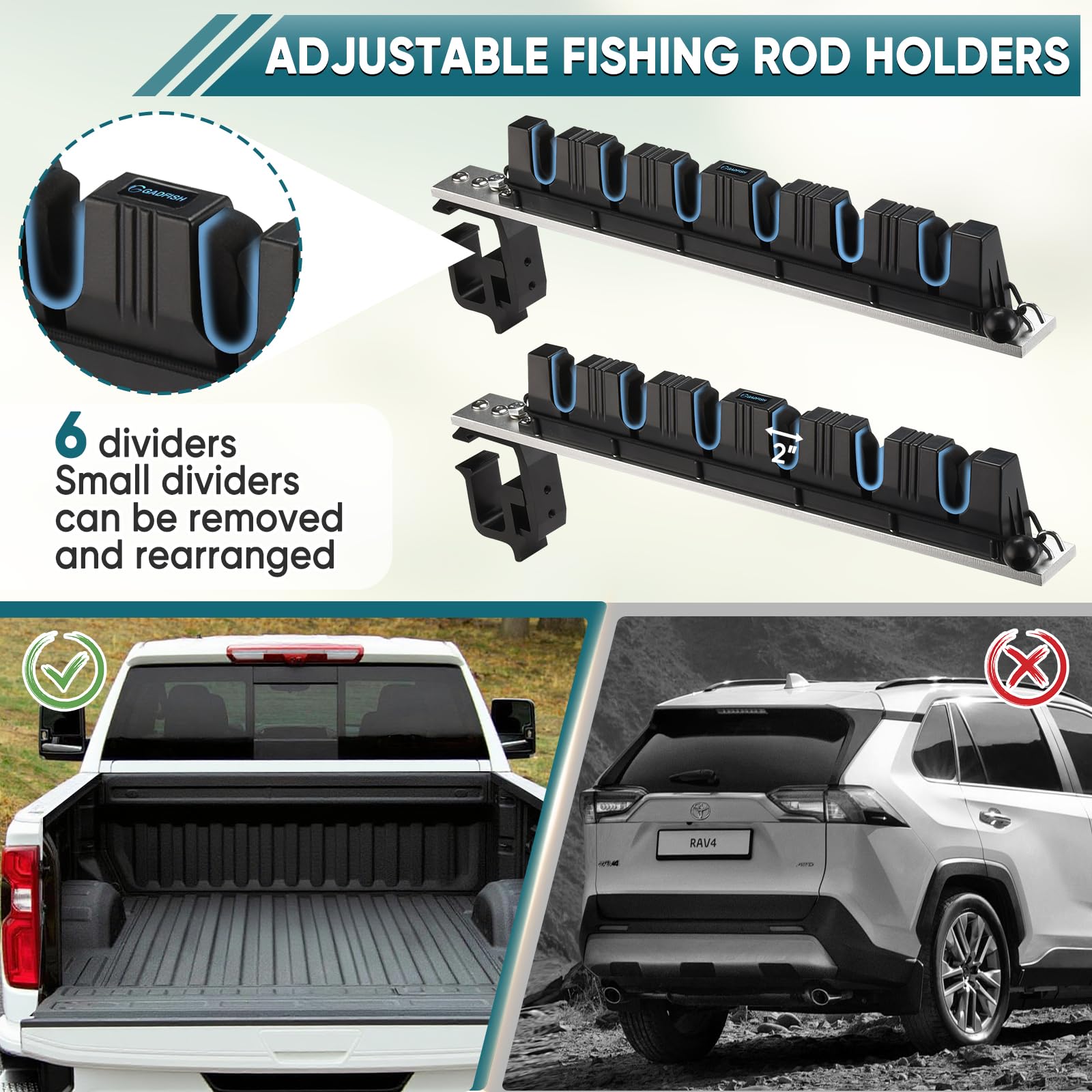GADFISH rod holder showing six-rod capacity for organized gear storage.