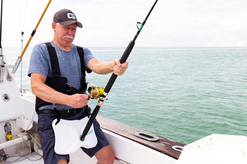 GAFFER SPORTFISHING adjustable drop straps and D-rings customize leverage for powerful reels