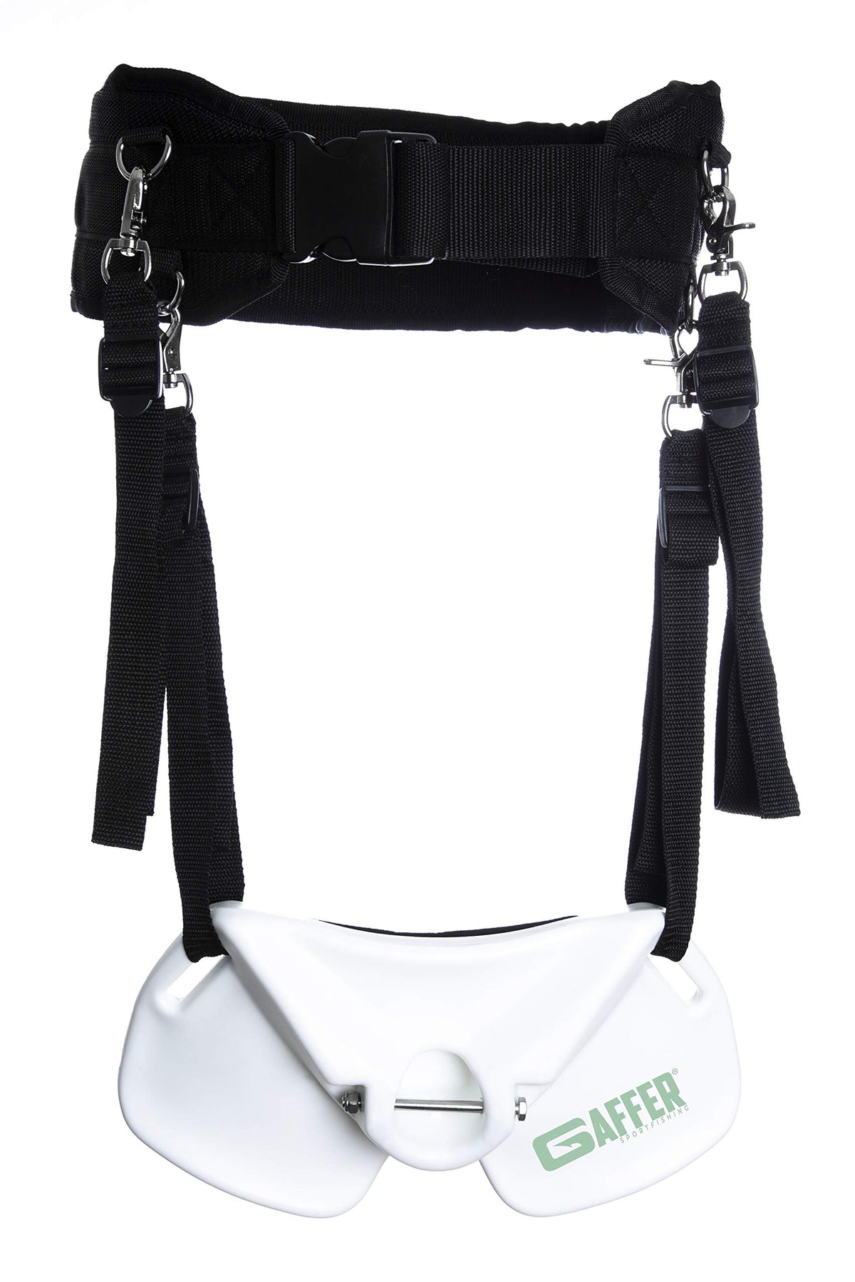 GAFFER SPORTFISHING Wide Body Fishing Belt front view demonstrates secure hands-free fighting on boats.