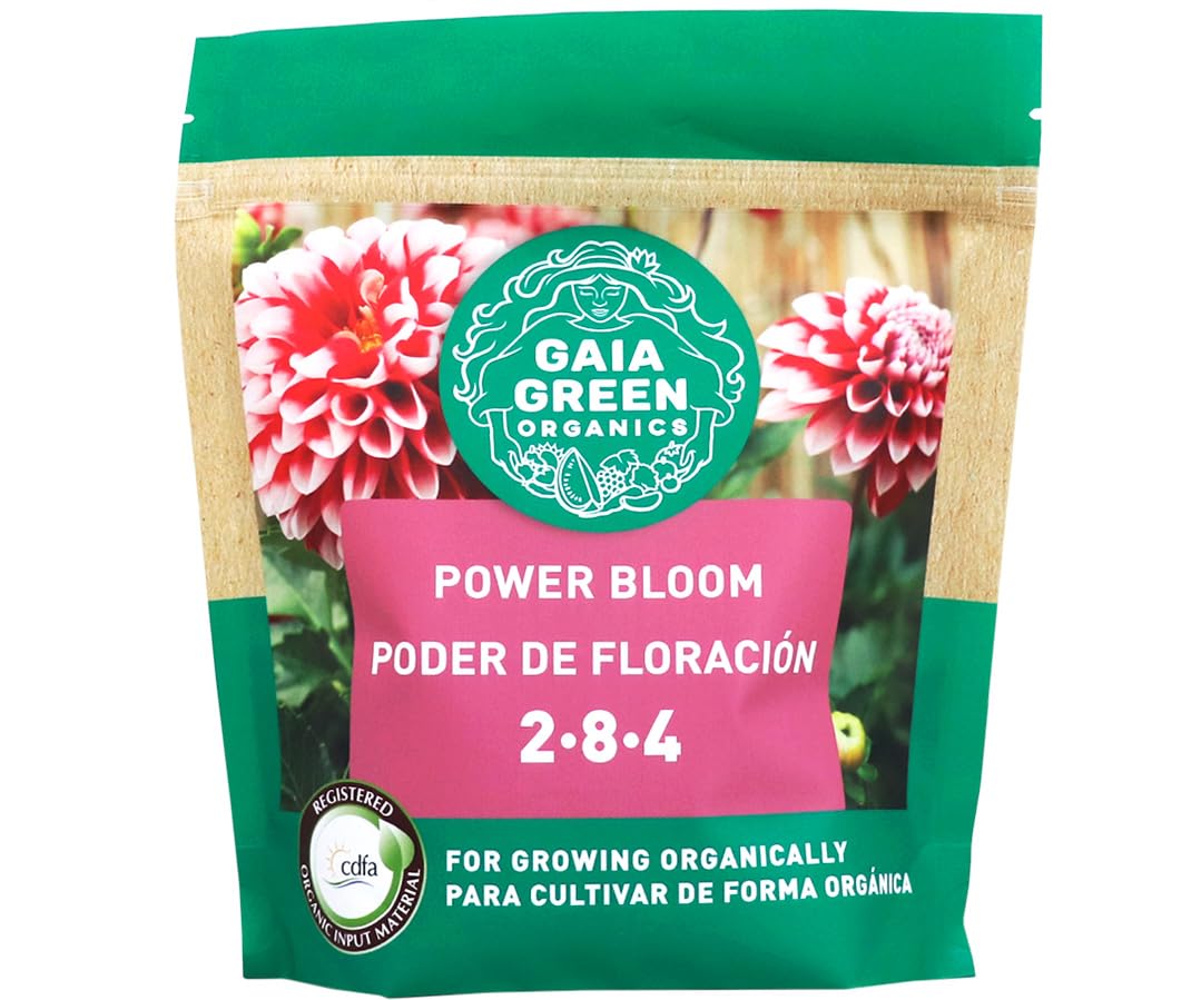 Gaia Green Power Bloom 500g bottle label highlights high-phosphate formula for flowering support.