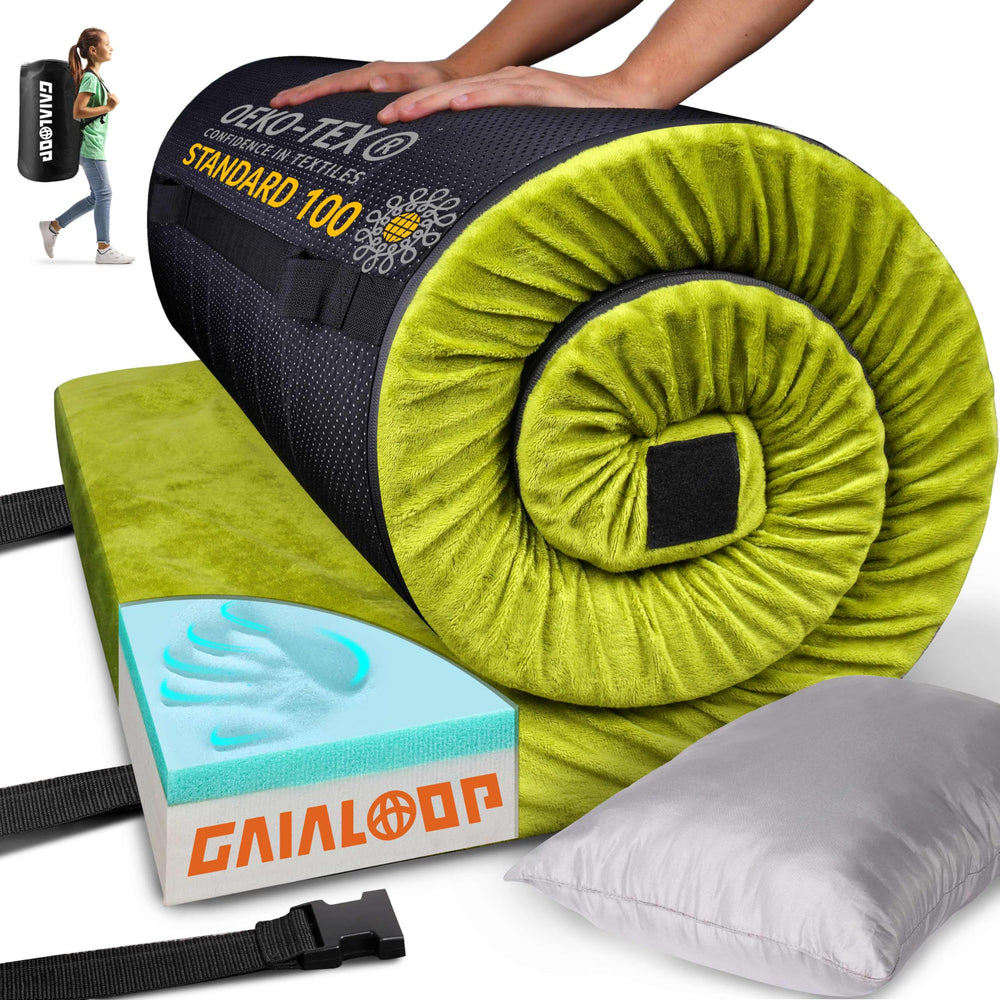 Gaialoop 3in memory foam camping mat rolled for compact storage and quick setup.