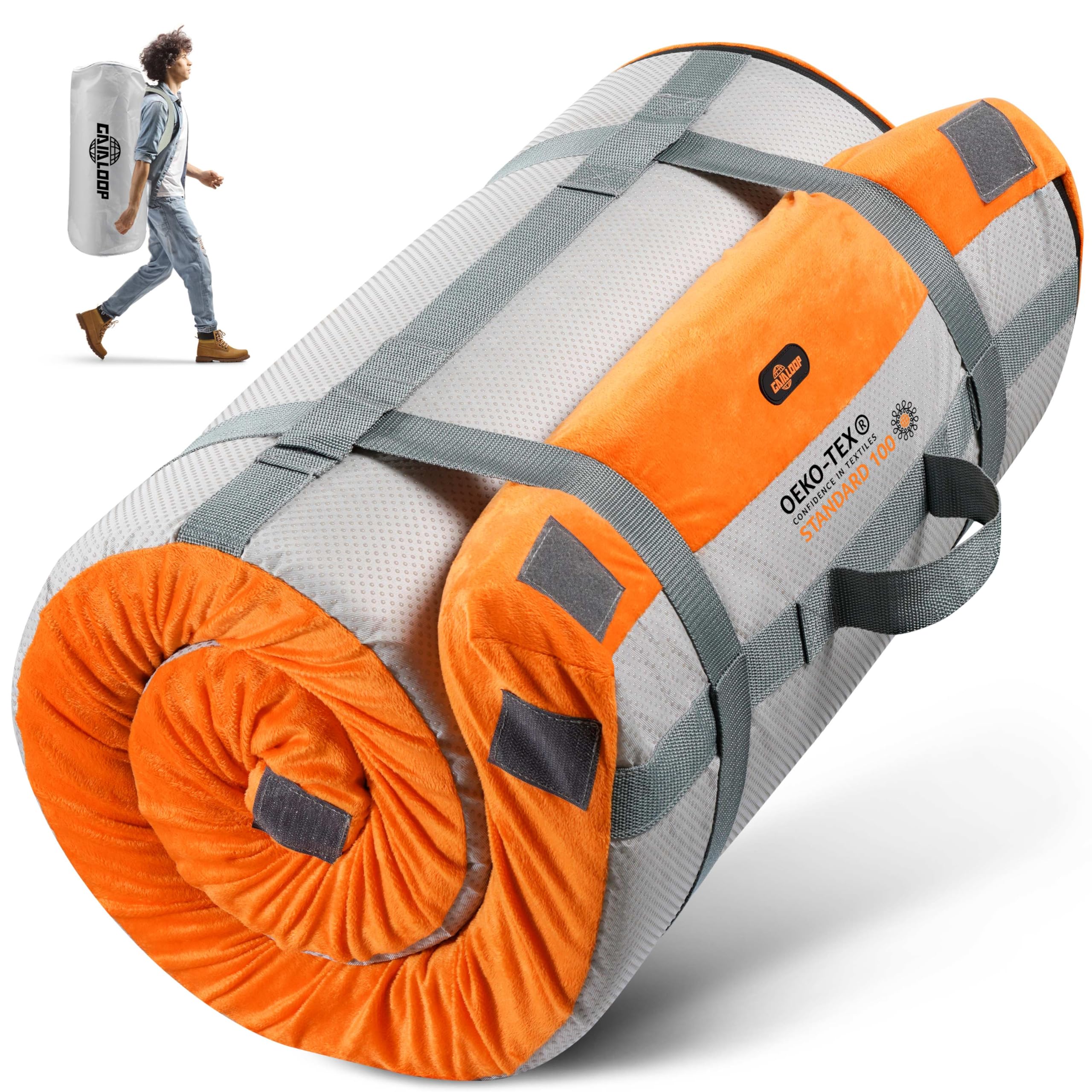 Gaialoop 3-inch memory foam camping mattress folded in carry case offers portable comfort