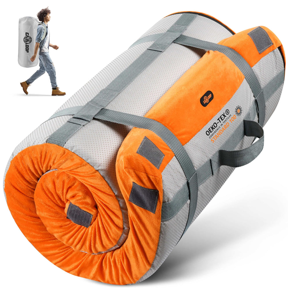 Gaialoop 3-inch memory foam camping mattress folded in carry case offers portable comfort