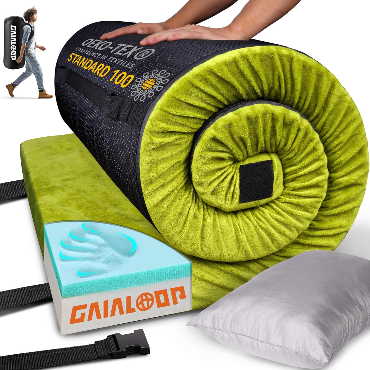 Gaialoop 3 Inch Memory Foam Camping Mattress folded for storage, portable comfort.