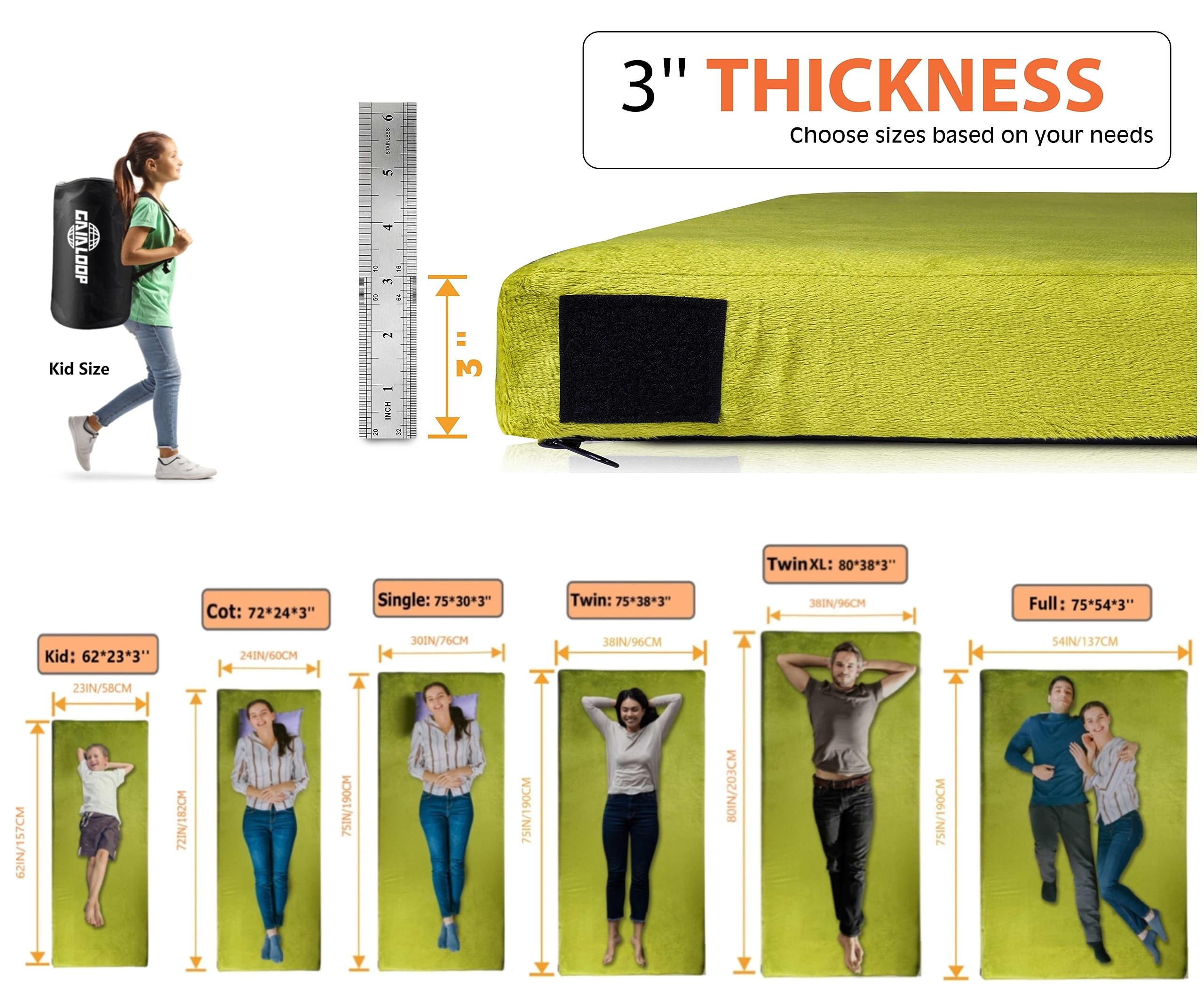 Gaialoop 3-inch memory foam camping mattress roll-up for easy transport