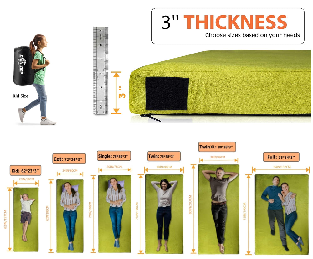 Gaialoop 3-inch memory foam camping mattress roll-up for easy transport