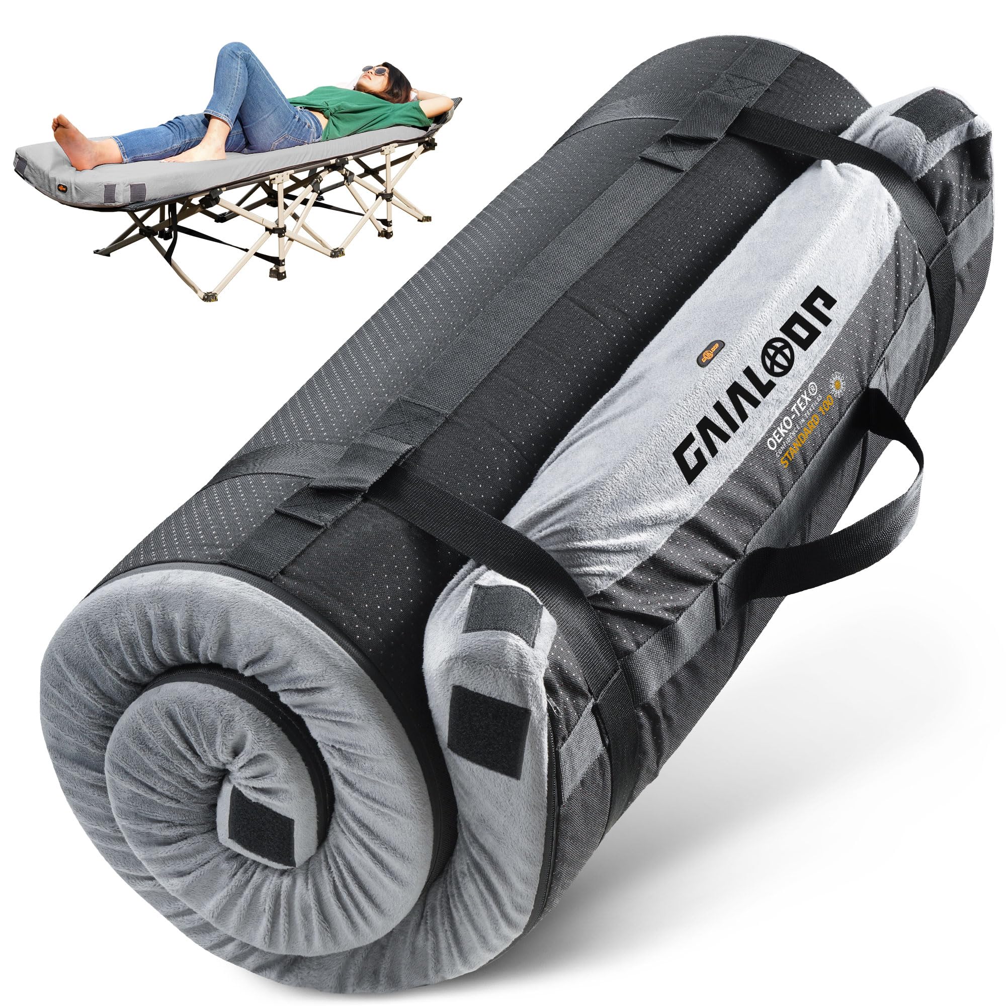 Gaialoop 4inch thick camping mattress rolled in case for easy transport.