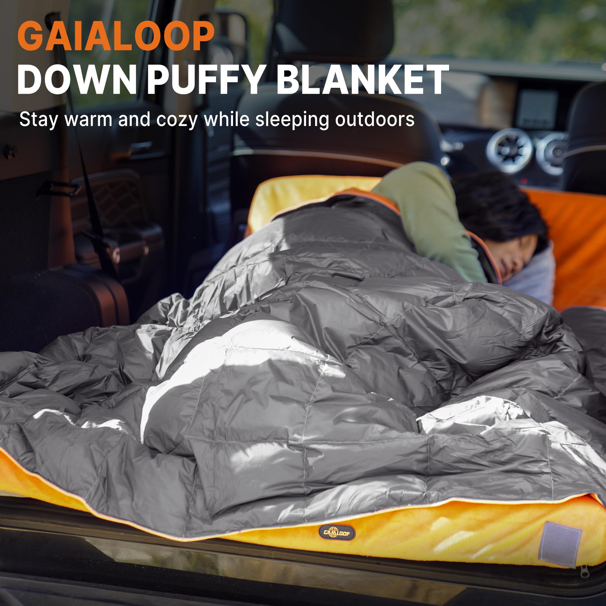 Gaialoop Down Puffy Blanket attached to backpack for versatile on-the-go warmth.
