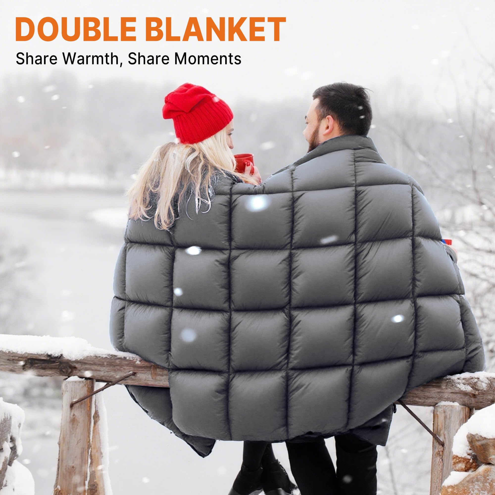 Gaialoop Down Puffy Blanket spread over sleeping bag for extra warmth.