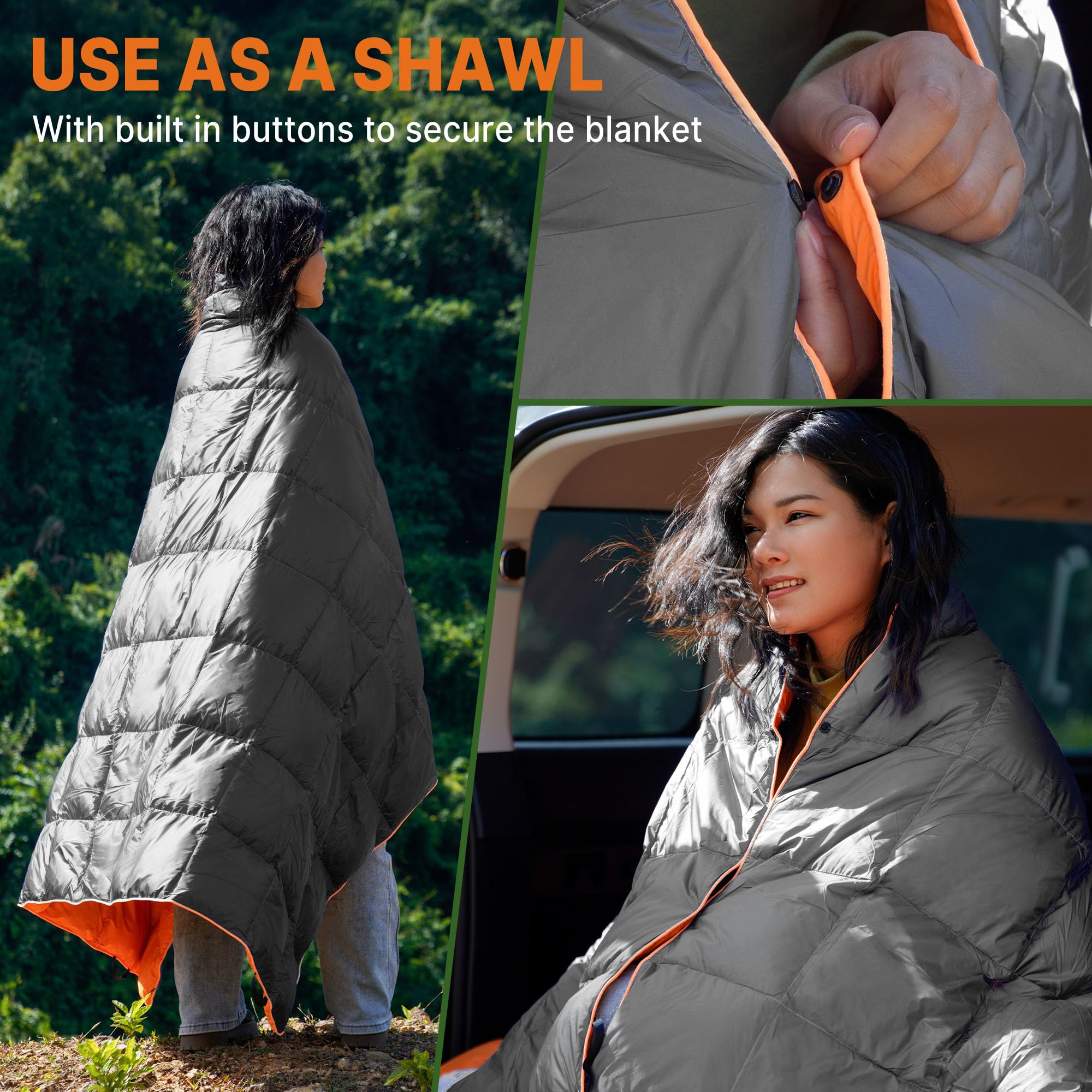 Gaialoop Down Puffy Blanket worn as shawl for cozy hands-free warmth.