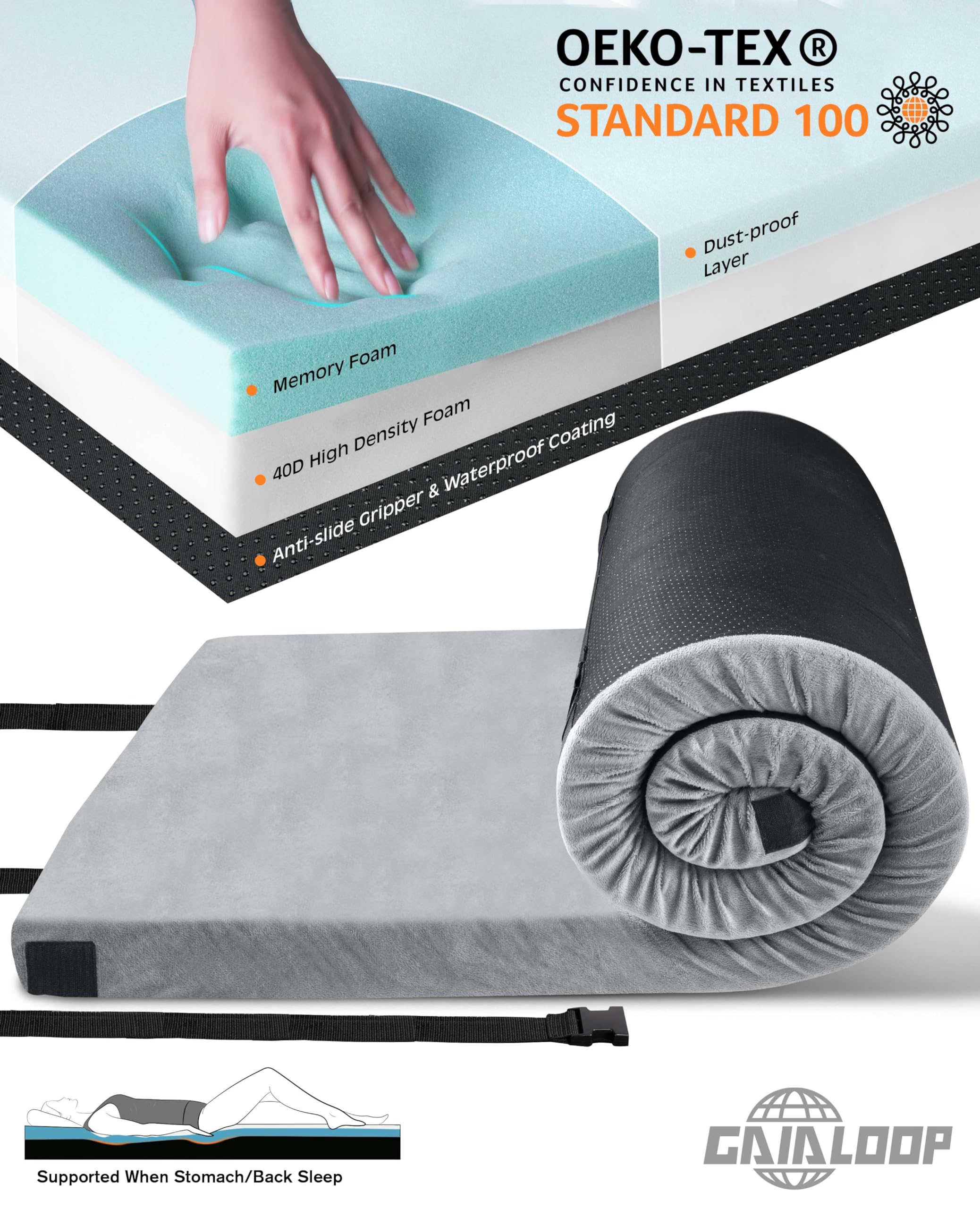 Gaialoop memory foam camping mat shows soft support for comfortable sleep.