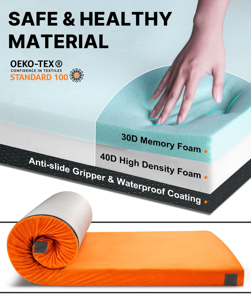 Gaialoop memory foam camping mattress unrolled on tent floor for cozy sleep