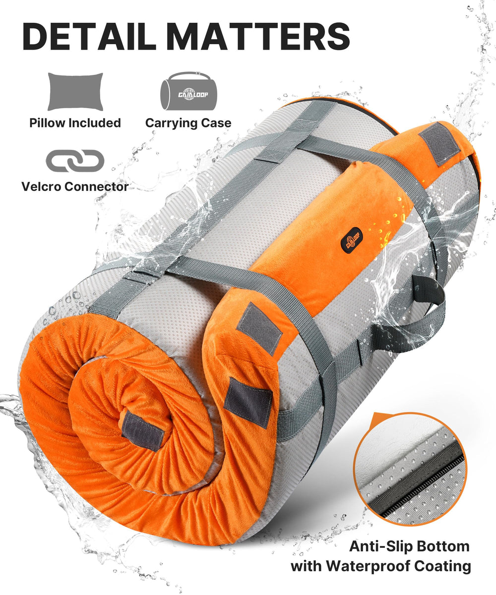 Gaialoop memory foam pad ready for easy storage after camping.