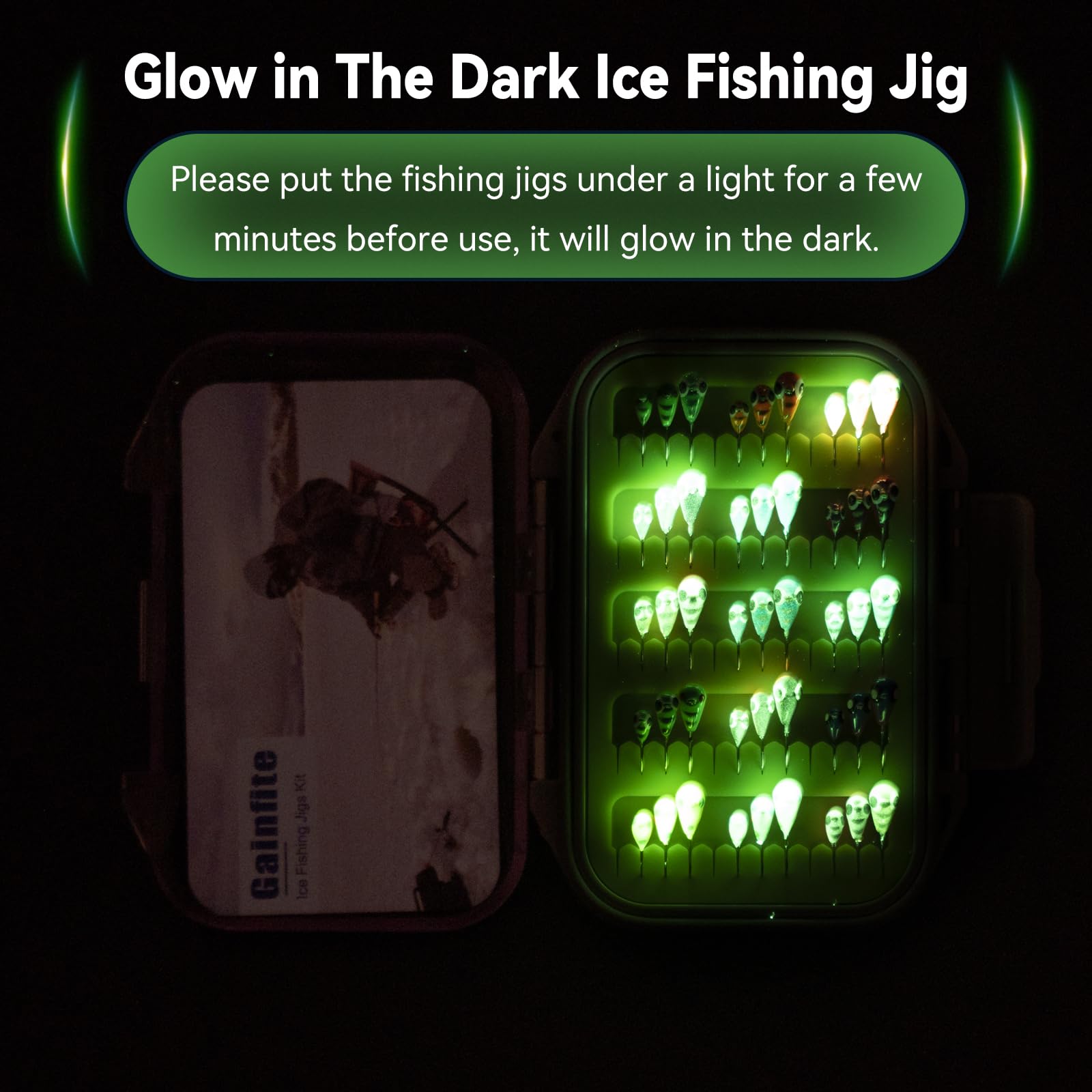Gainfite glow tear-drop jig 3.2mm close-up highlighting glow visibility