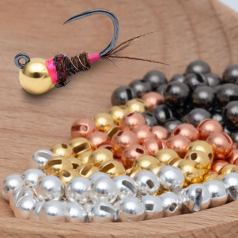 Gainfite tungsten beads 2.8mm copper angled view highlights natural prey-like shine.