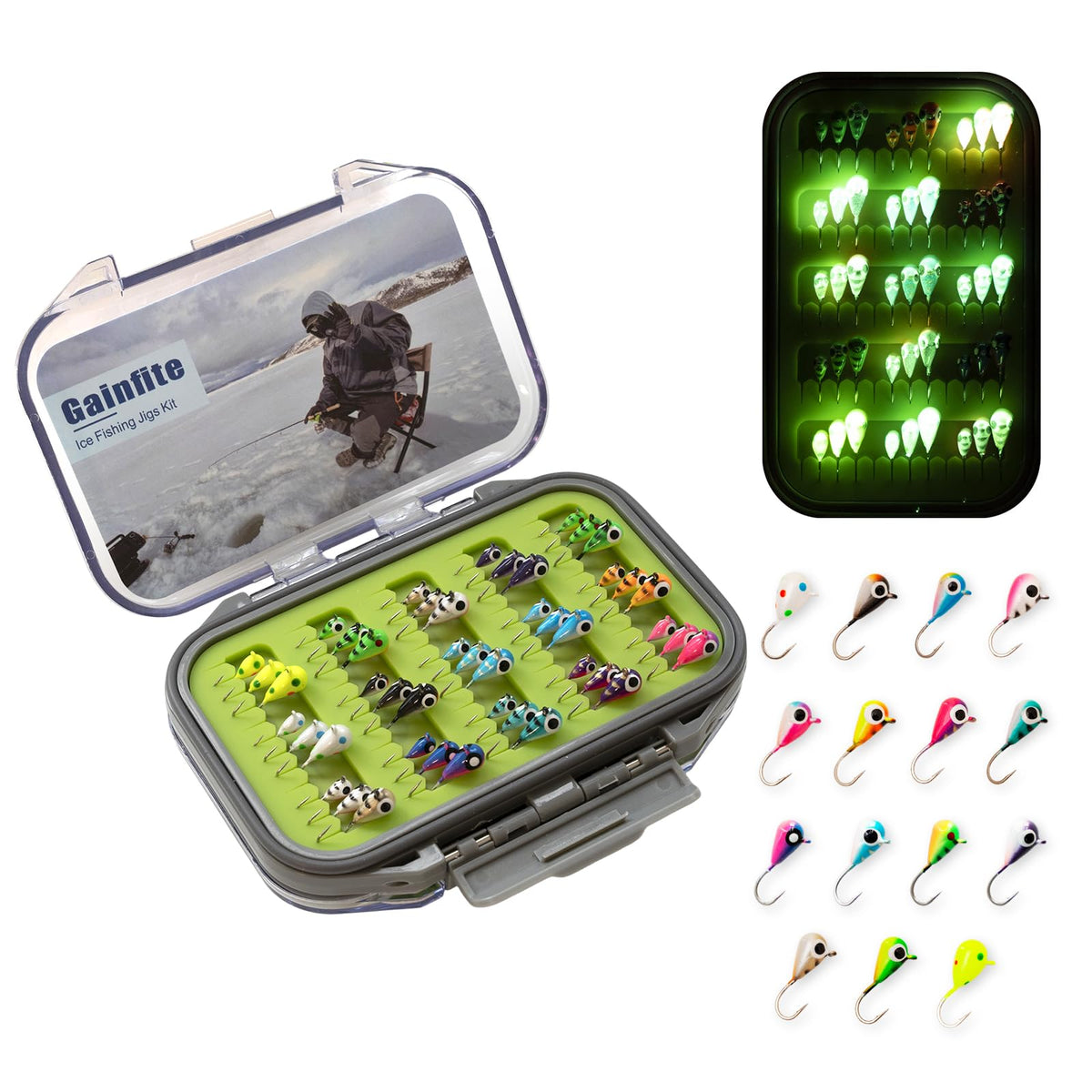 Gainfite tungsten ice jigs kit in a tray ready for quick ice fishing setup