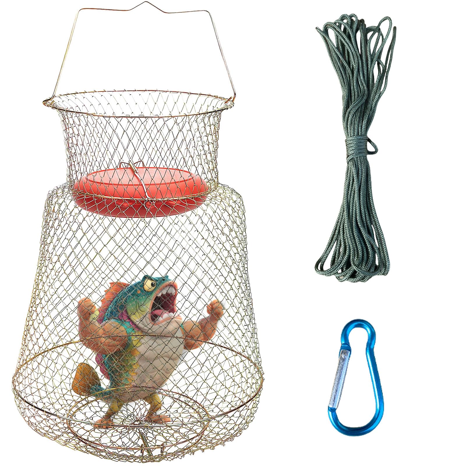 Reinforced galvanized steel frame and rust-resistant mesh of the fish basket