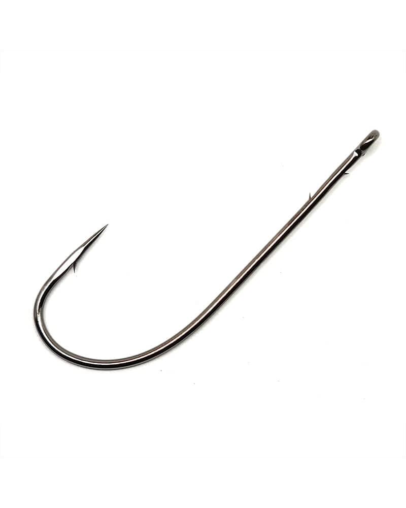 Gamakatsu 01414 worm hook barbed shank close-up for secure hold.