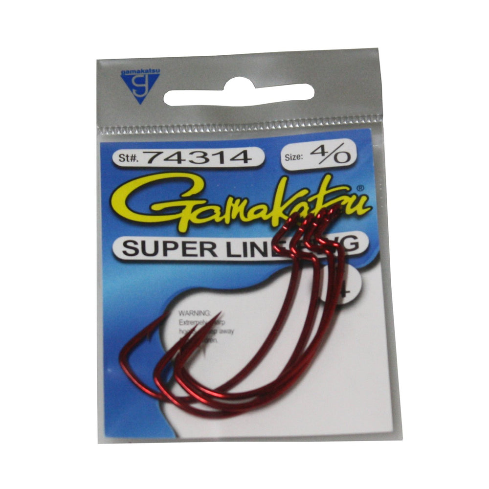 Gamakatsu 74312 hook packaging shows Super Line design for reliable tackle box use.