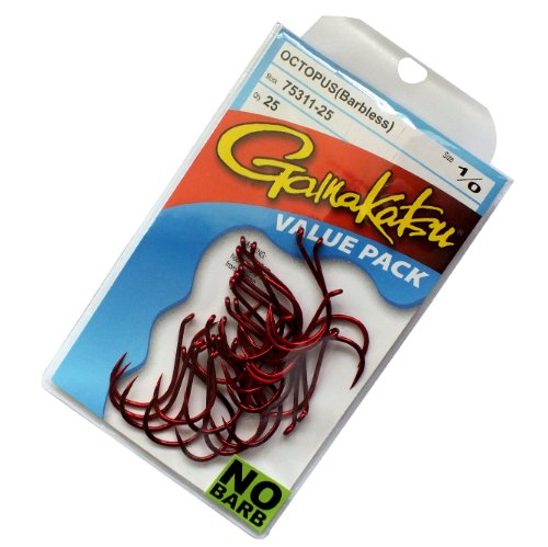 Gamakatsu barbless octopus hook red size 1, front view showing forged steel and offset point