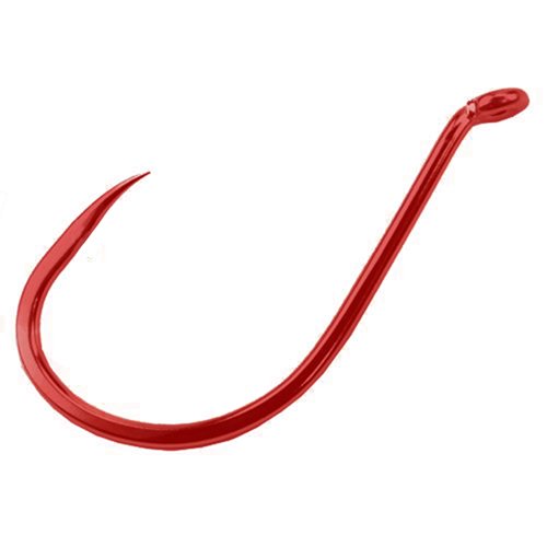 Gamakatsu barbless octopus hook red size 1, close-up of sharp tip for reliable piercing