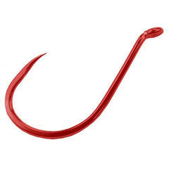 Gamakatsu barbless octopus hook red size 1, close-up of sharp tip for reliable piercing