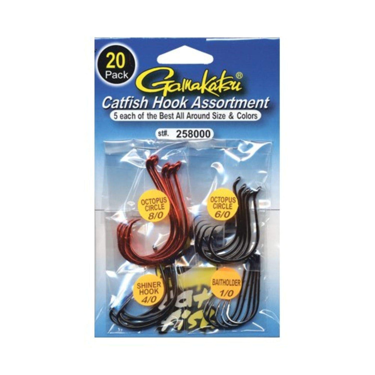 Gamakatsu Catfish Hook 258000 assorted 20-pack contents for versatile rigs.