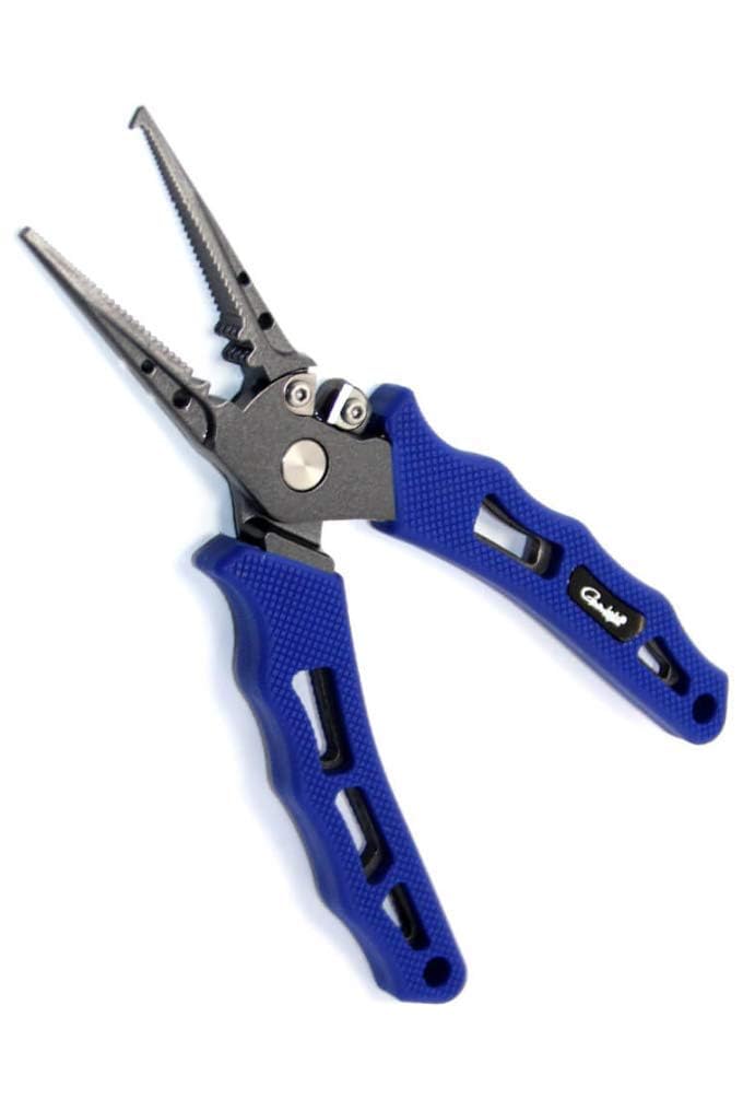 Gamakatsu P003 7-inch fishing pliers close-up showing a non-slip grip for secure handling.