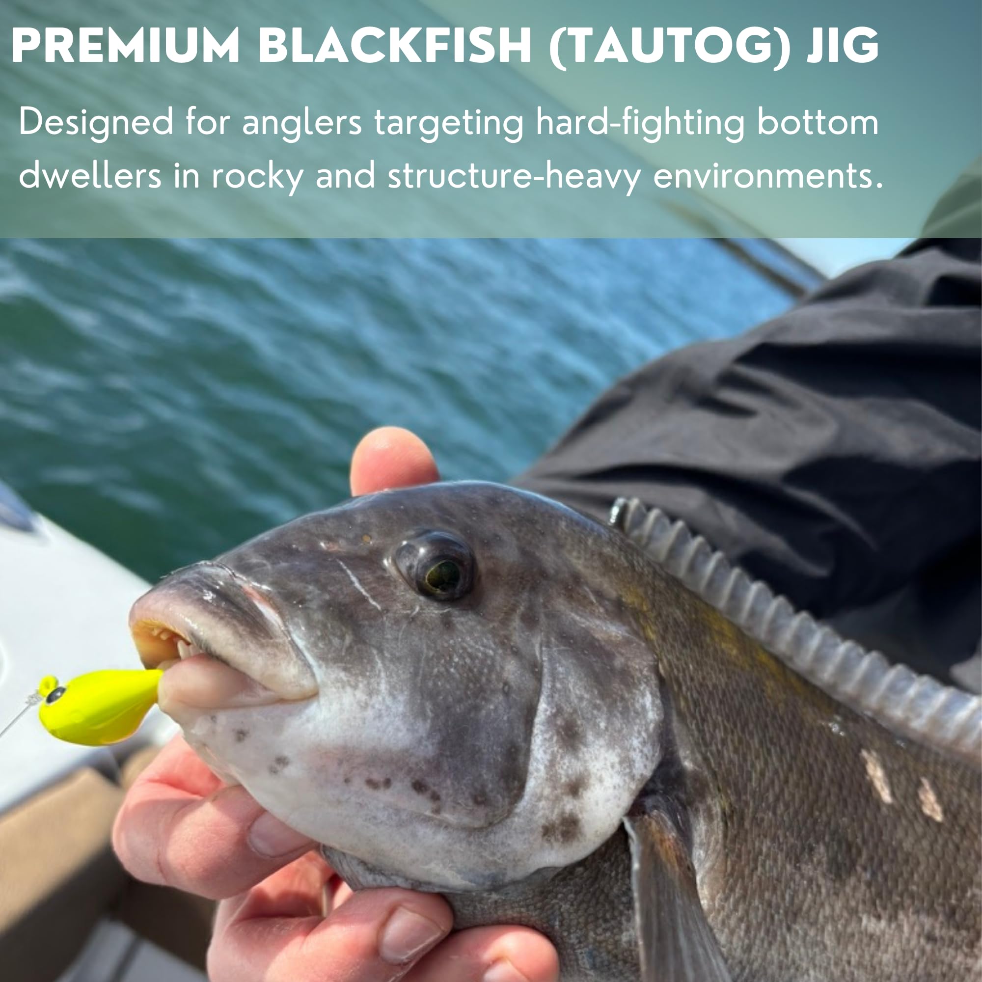 Game On Lures Rock Bottom Jigs 1.5 oz white wide-body design reduces snagging.