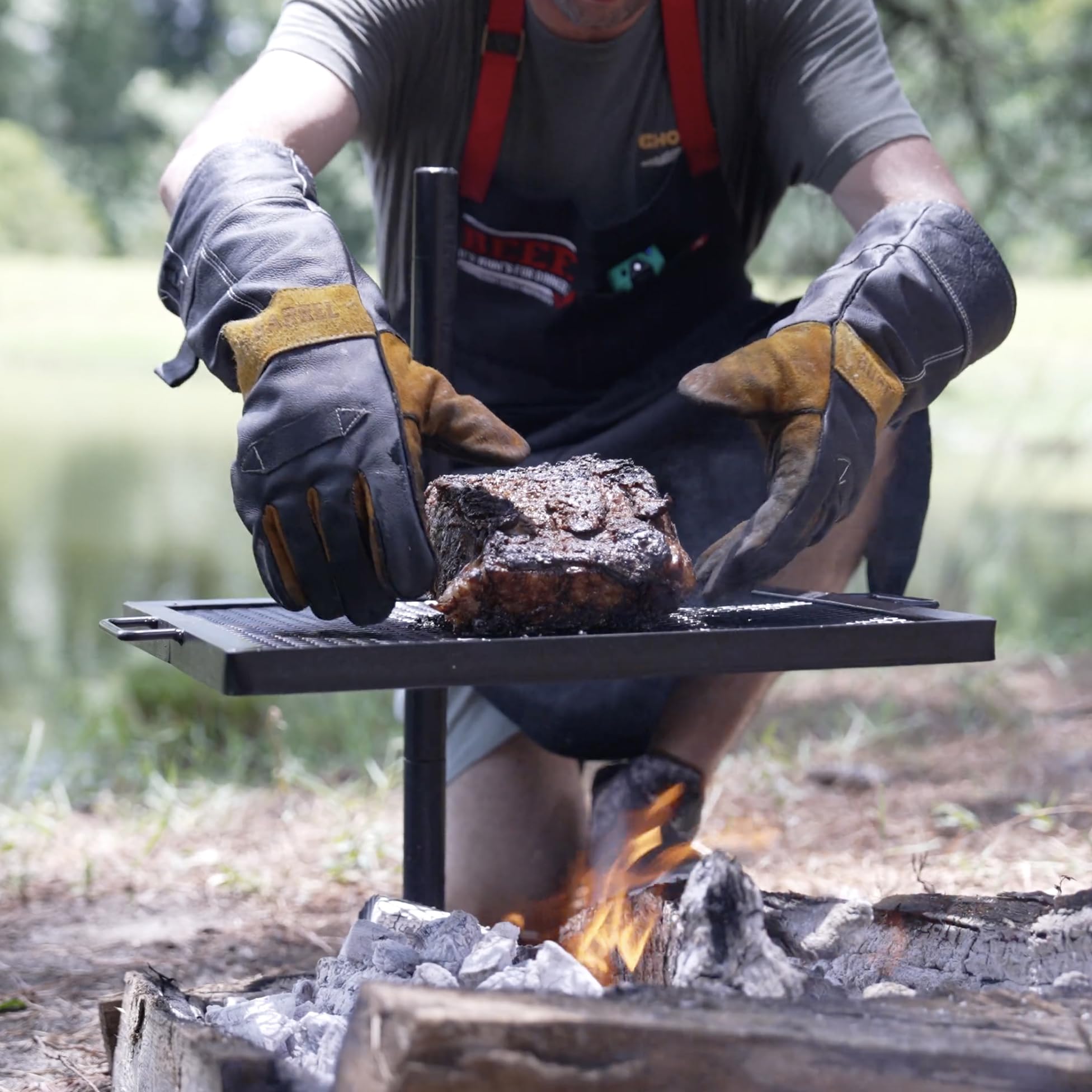 GameMaker gravity grill posts allow 360-degree rotation for versatile open-fire cooking.