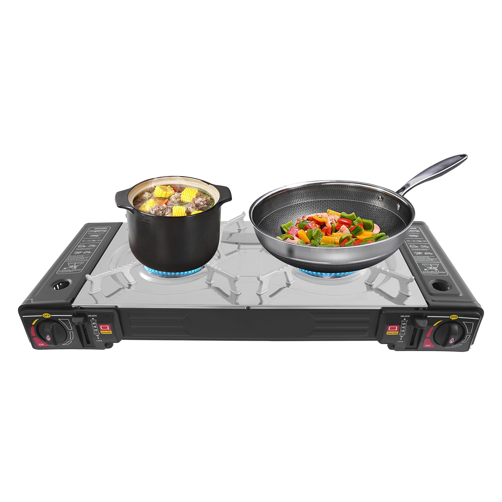 GAMIGIME two-burner stove front view for efficient outdoor cooking