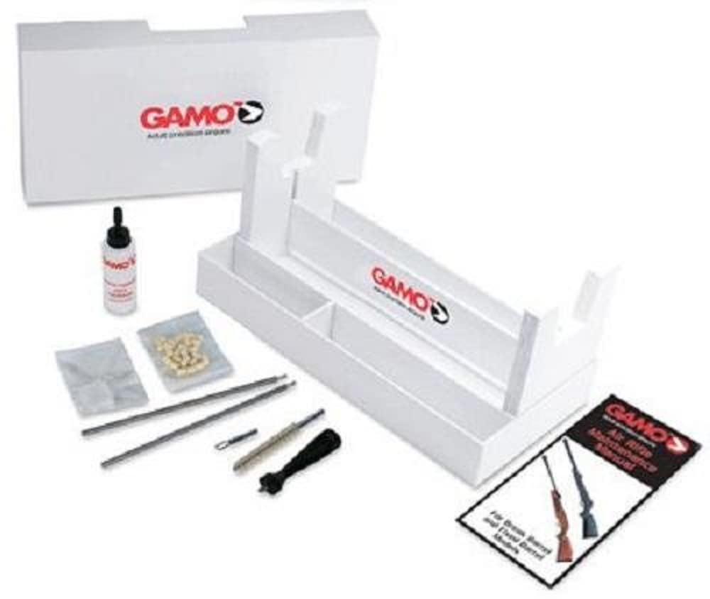 Contents of the Gamo .177 Cleaning Kit including stand, oil, patches and wads