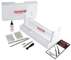 Contents of the Gamo .177 Cleaning Kit including stand, oil, patches and wads