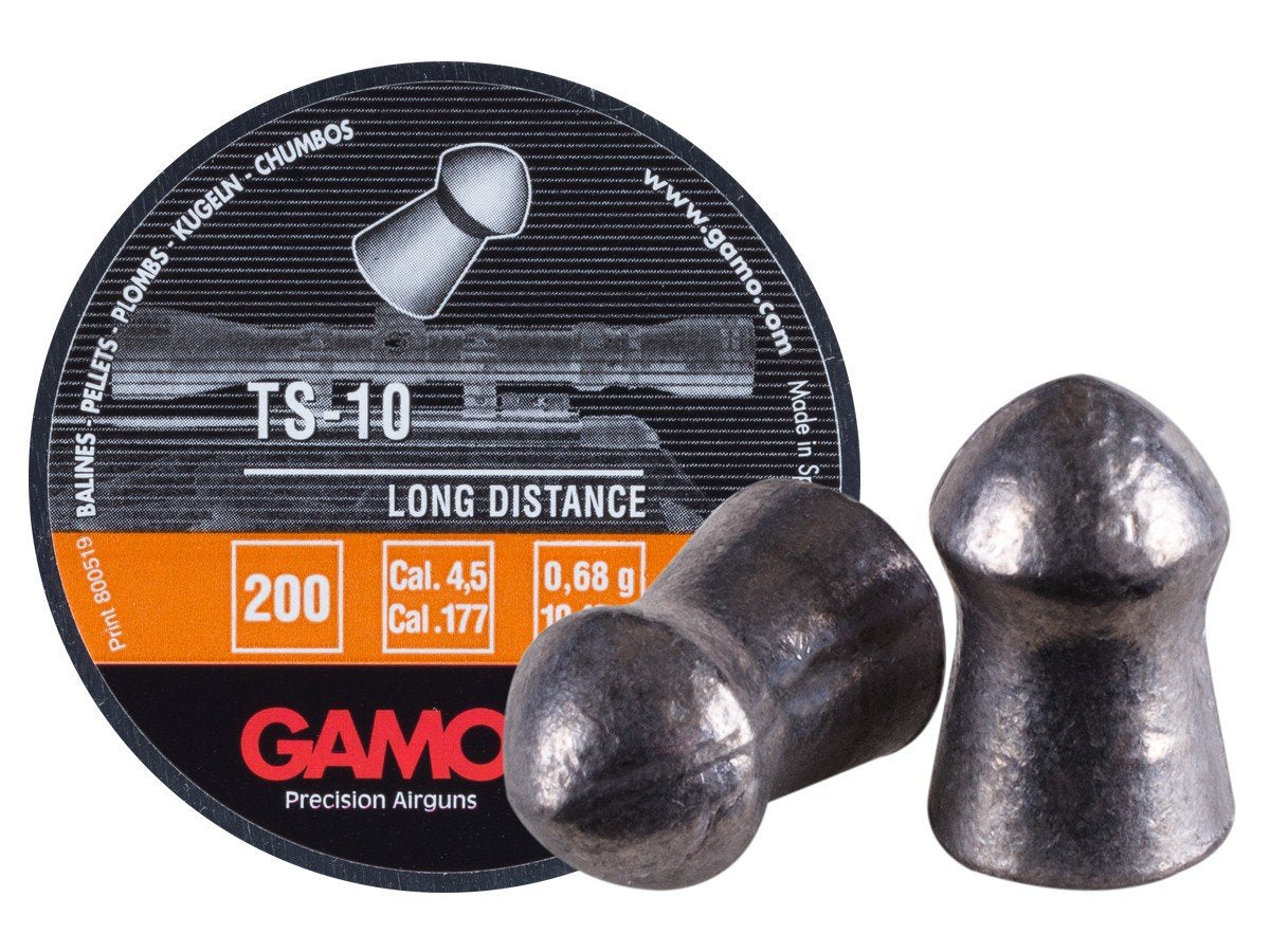 Gamo TS-10 long-distance pellets in a 200-count tin, designed for consistent target practice.