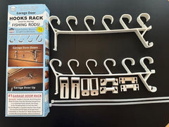 Garage door hinge storage rack holding fishing rods