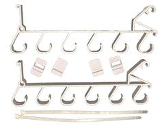 Paddles stored on the garage door storage rack with hooks