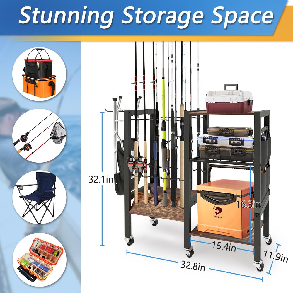 Garage organization with 12-rod fishing rod rack