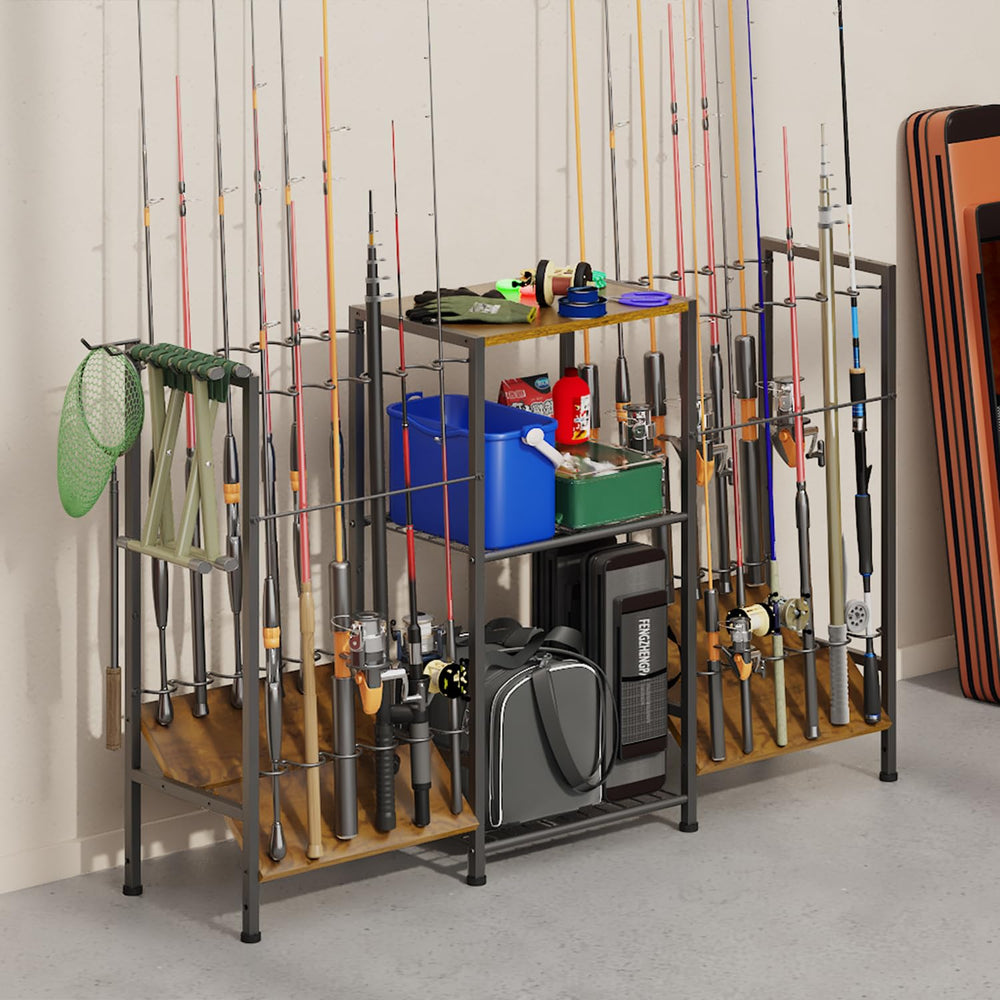 Garage or shed storage setup featuring the rod rack