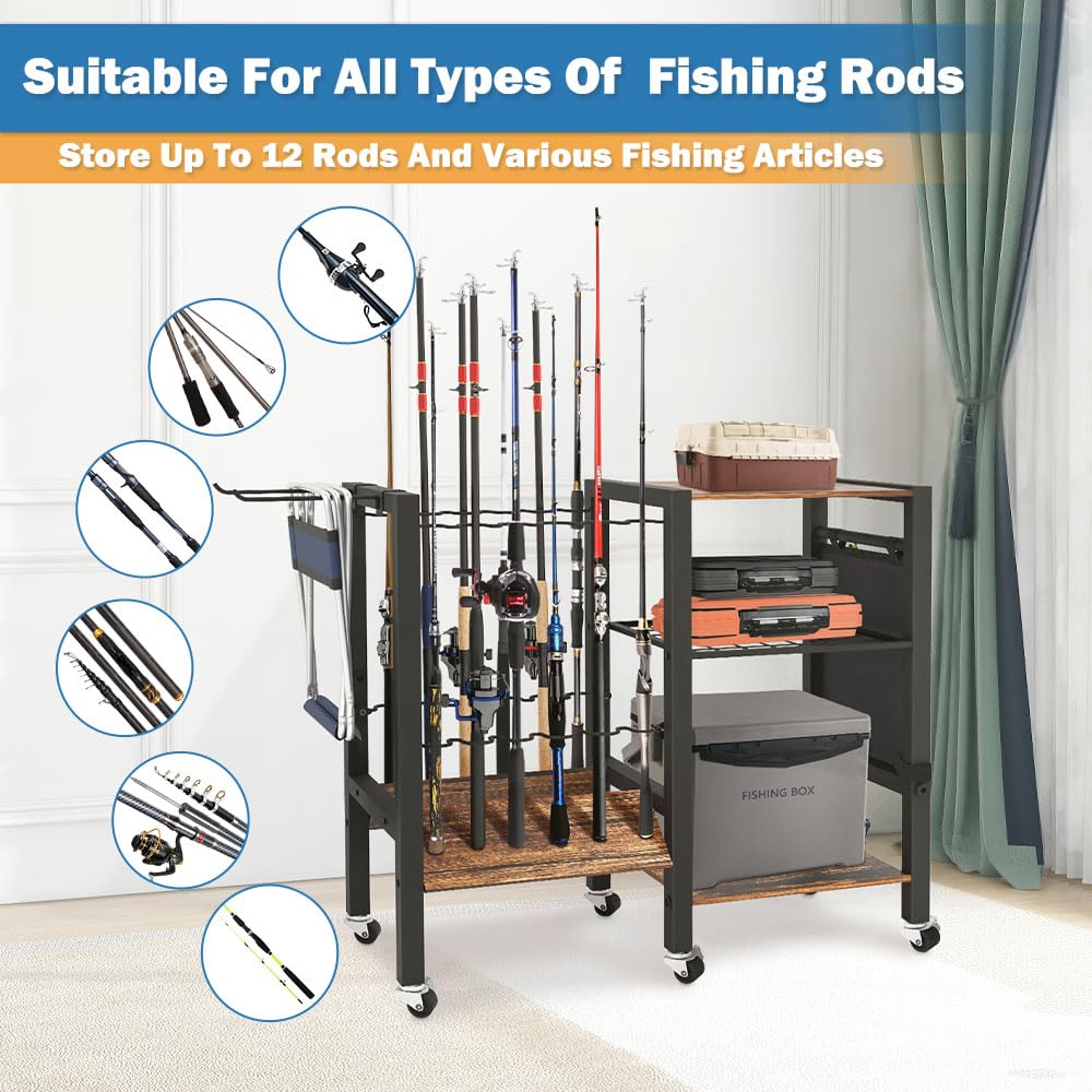 Garage setup showing portable fishing rod organizer with wheels