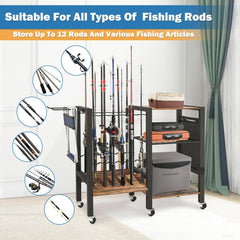 Garage setup showing portable fishing rod organizer with wheels