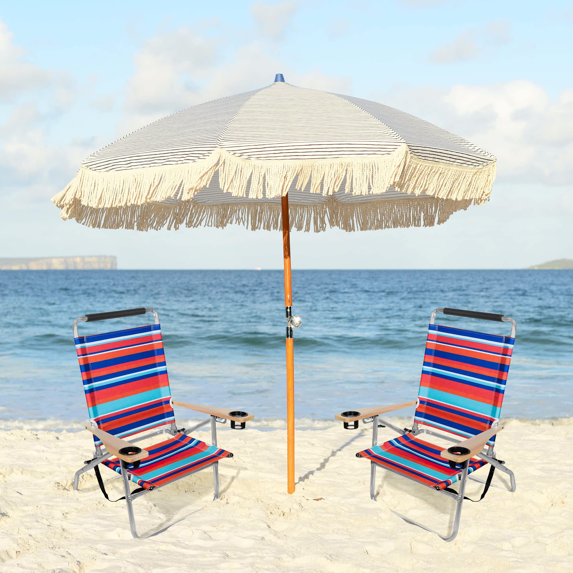 Garden Elements beach chairs show built-in cupholders for drinks by the shore.