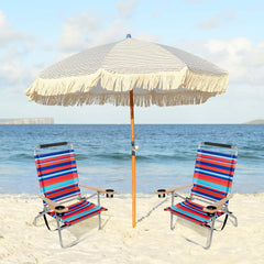Garden Elements beach chairs show built-in cupholders for drinks by the shore.