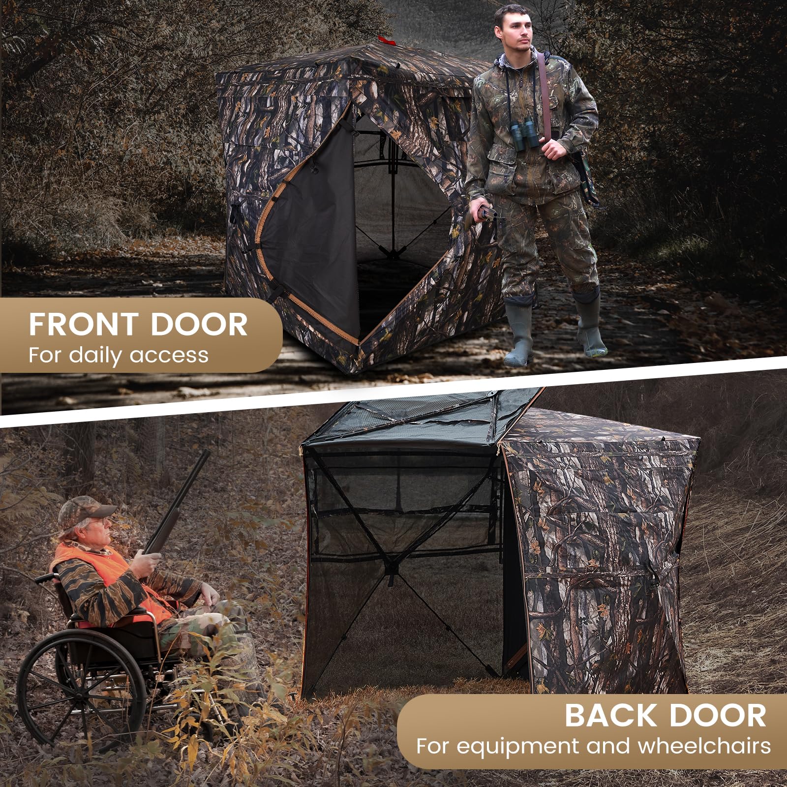 Garden Tailor hunting blind two-doors-open design offers versatile access for gear and wheelchair users.