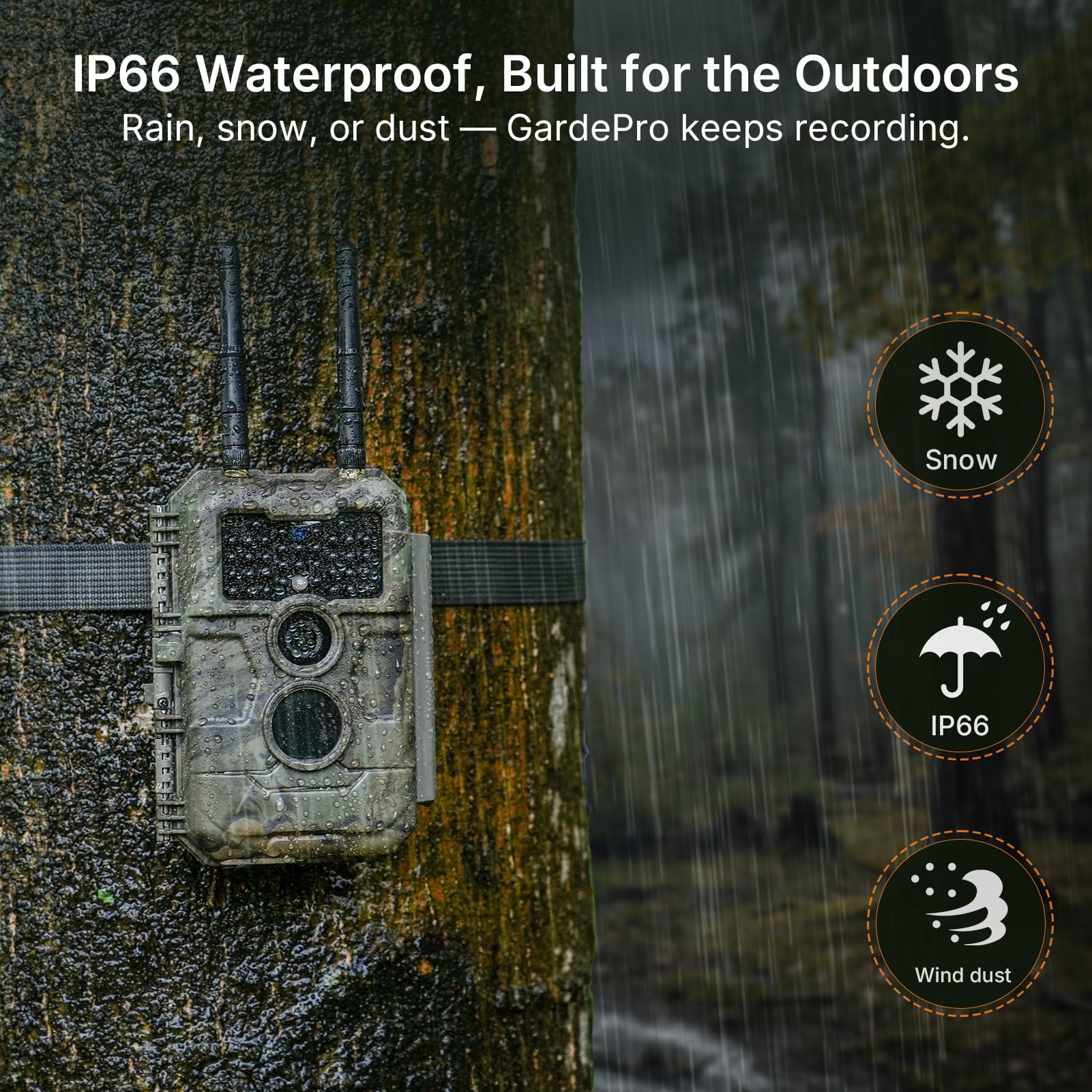 GardePro E6+ IP66 waterproof housing withstands rain and dust.