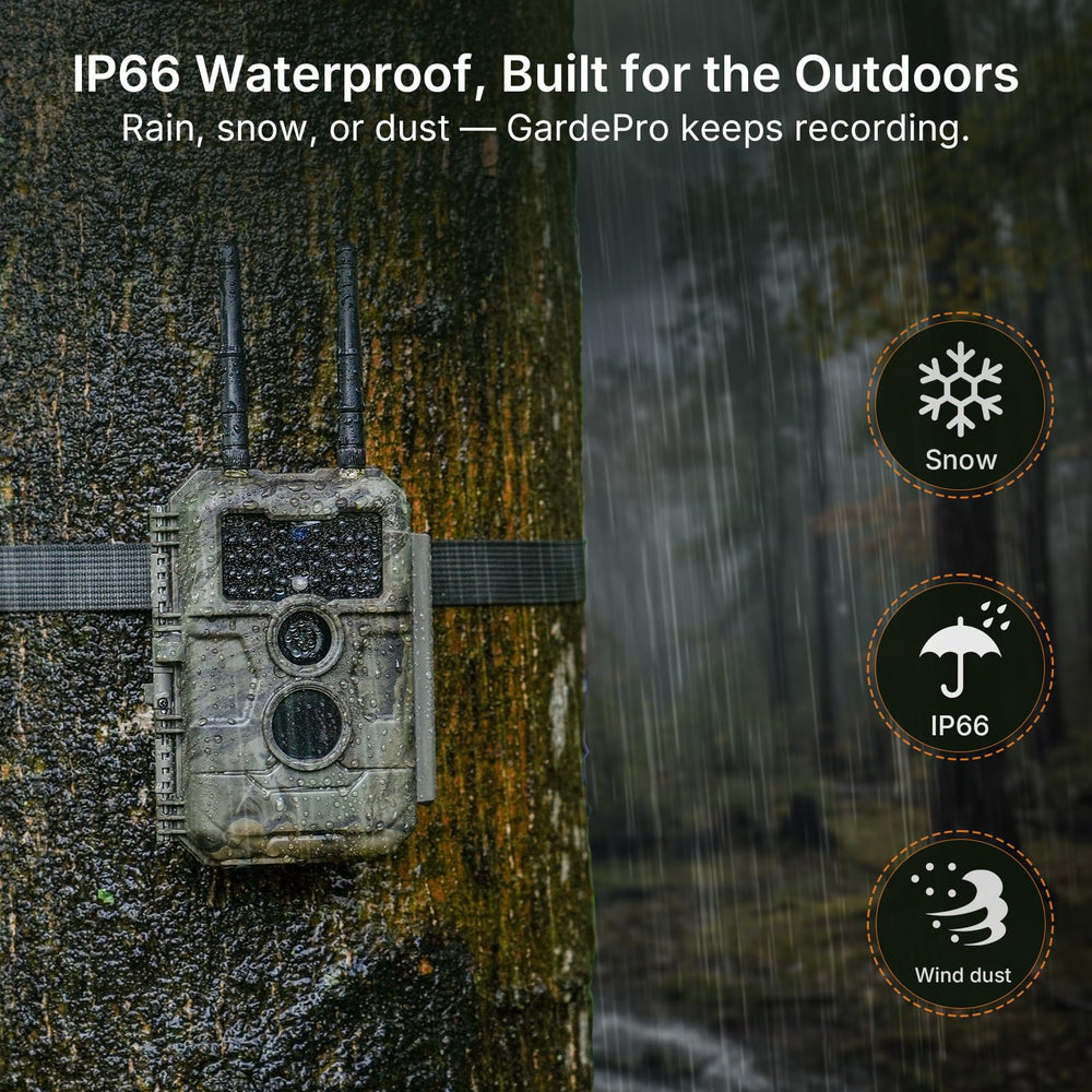 GardePro E6+ IP66 waterproof housing withstands rain and dust.