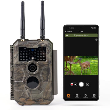 GardePro E6+ trail camera outdoors demonstrates long-range Wi-Fi for remote monitoring.